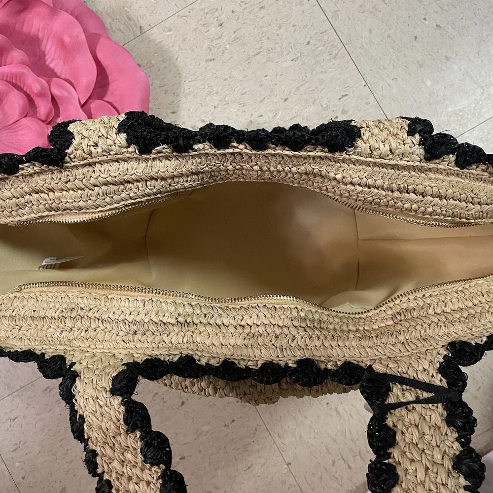 KATE SPADE x TARGET Raffia Bow Tote‎ Bag Woven Natural Black Boho Romantic Vacay